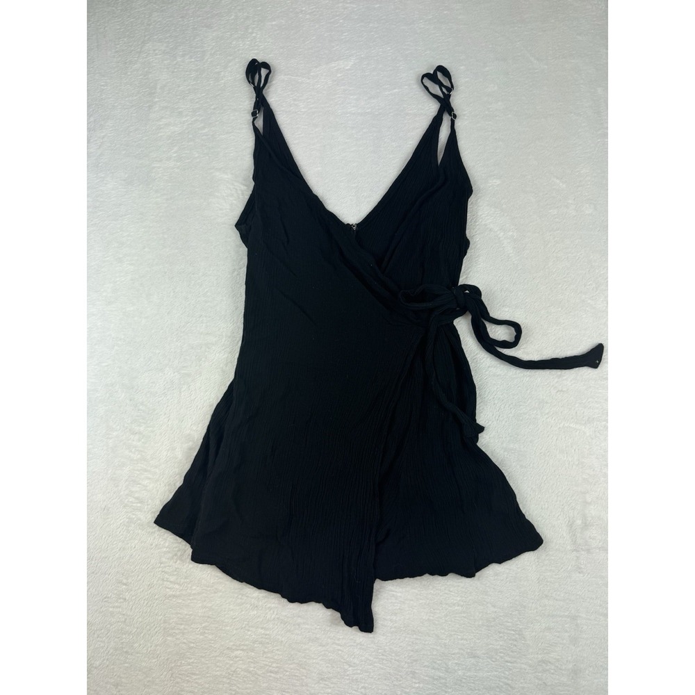 Black Wrap Romper Womens Large Spaghetti Strap Draped Mini Party Beach